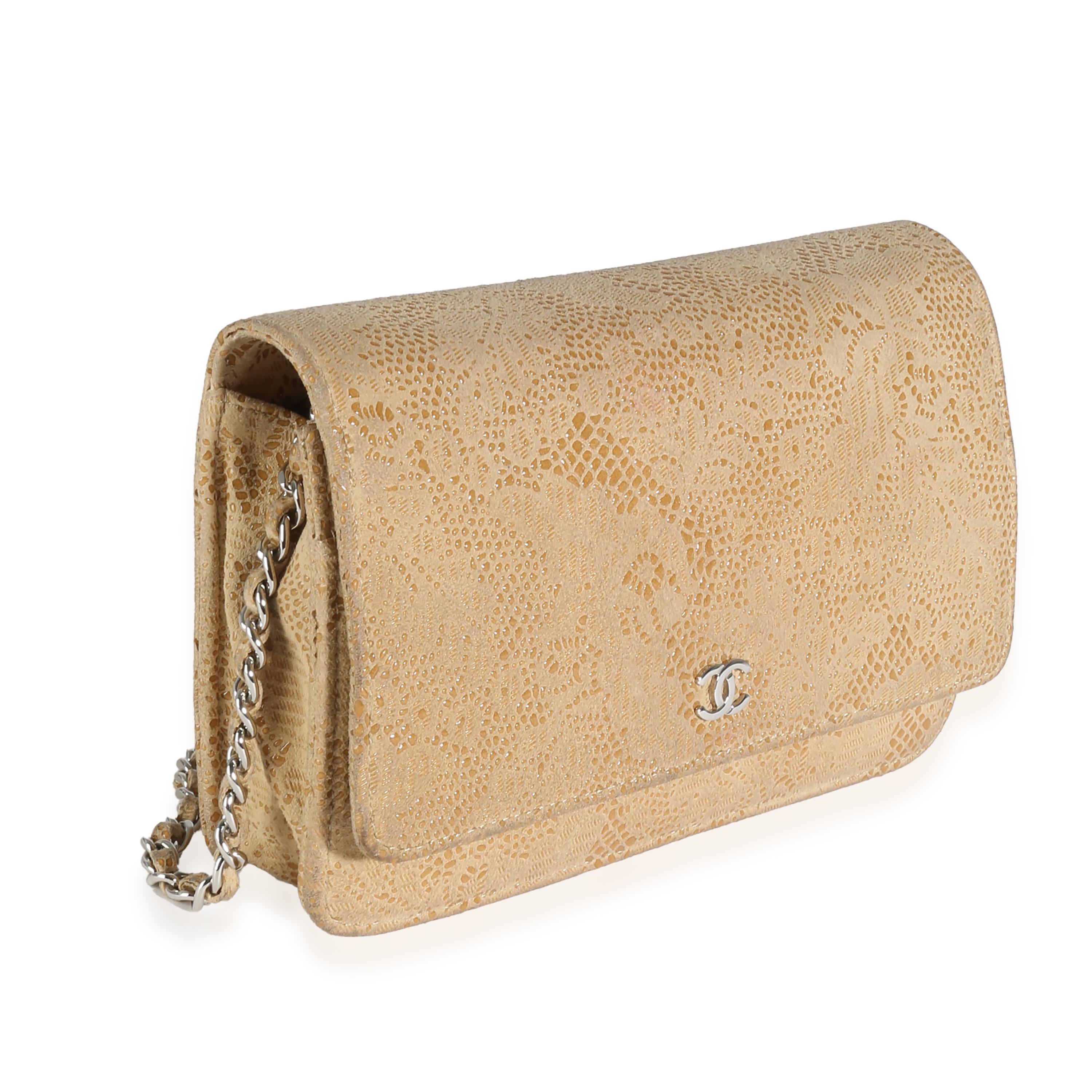 Chanel Beige Suede Lace Over Wallet On Chain In Fair Condition For Sale In New York, NY
