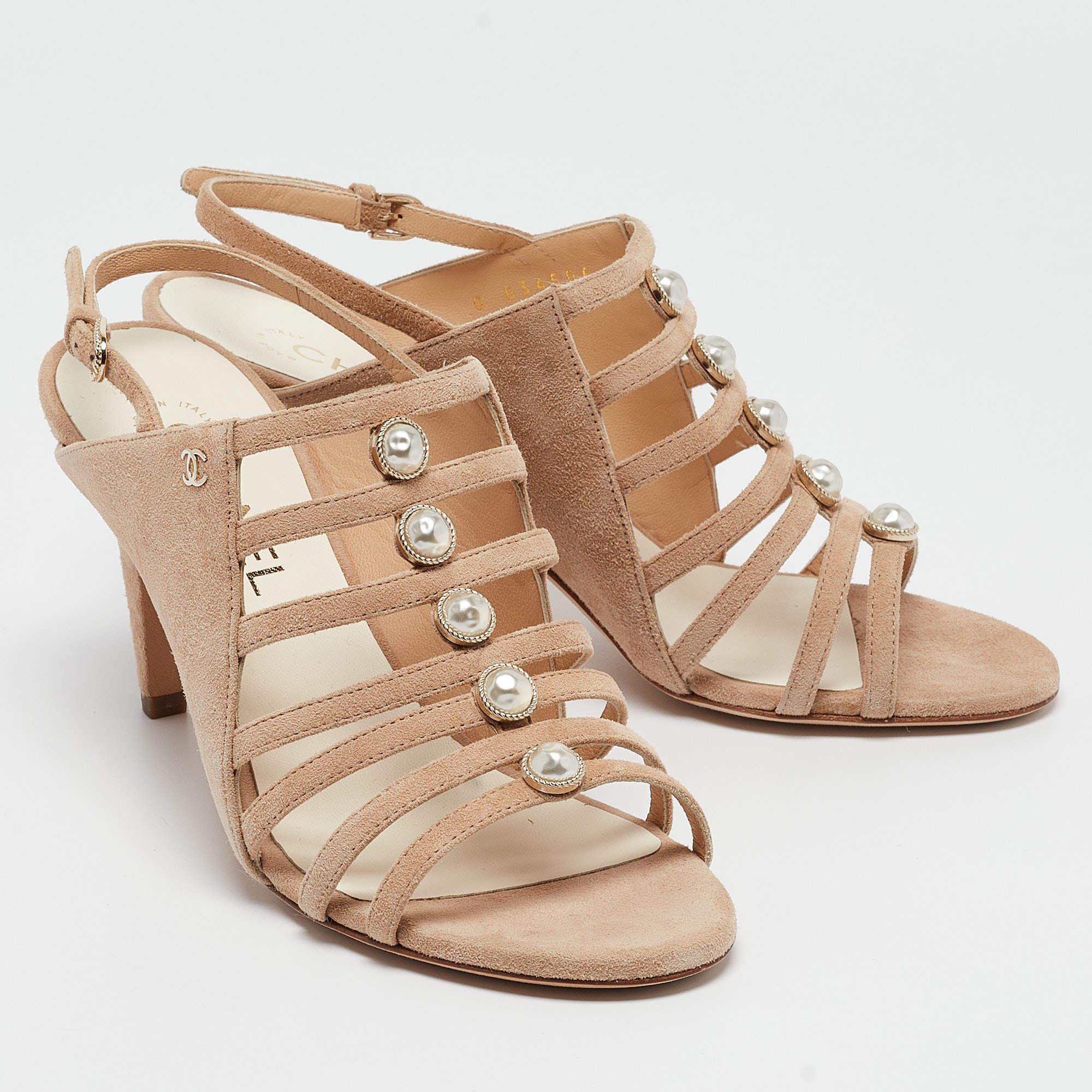 De las mujeres Chanel Sandalias Slingback Beige AntePerla Talla 37.5