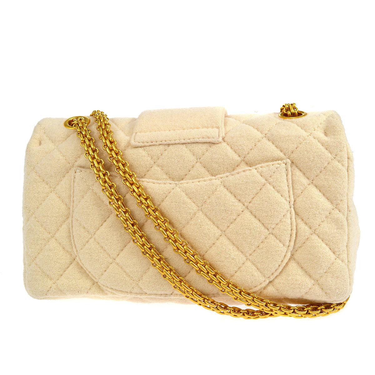 Women's CHANEL Beige Tan Cream Ivory Wool Burgundy Gold Metal 2.55 Shoulder Flap Bag