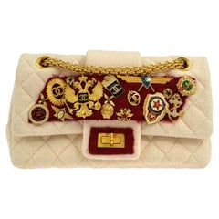 CHANEL Beige Tan Cream Ivory Wool Burgundy Gold Metal 2.55 Shoulder Flap Bag