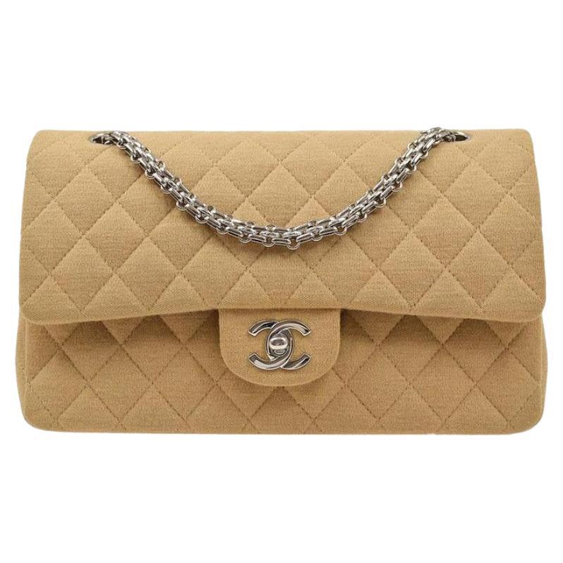CHANEL Beige Tan Nude Cotton Quilted Silver Evening Shoulder Medium Flap Bag