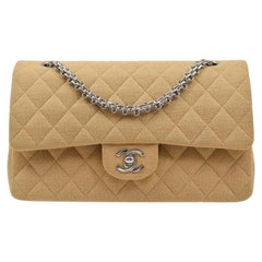 CHANEL Beige Tan Nude Cotton Quilted Silver Evening Shoulder Medium Flap Bag