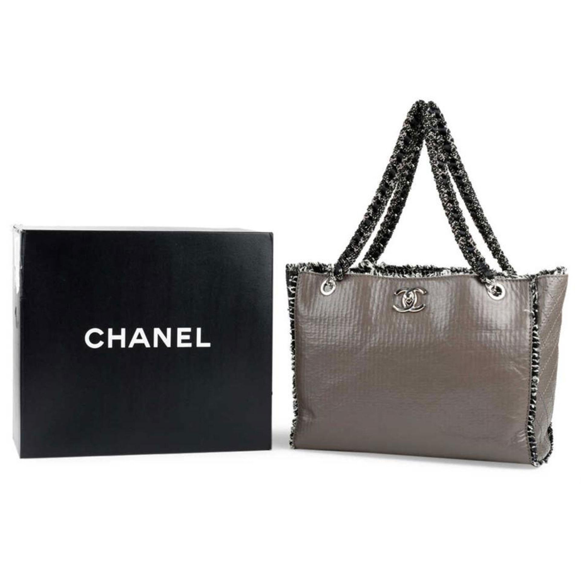 Chanel Beige Taupe Tweed Fringe Calfskin Tote For Sale 8