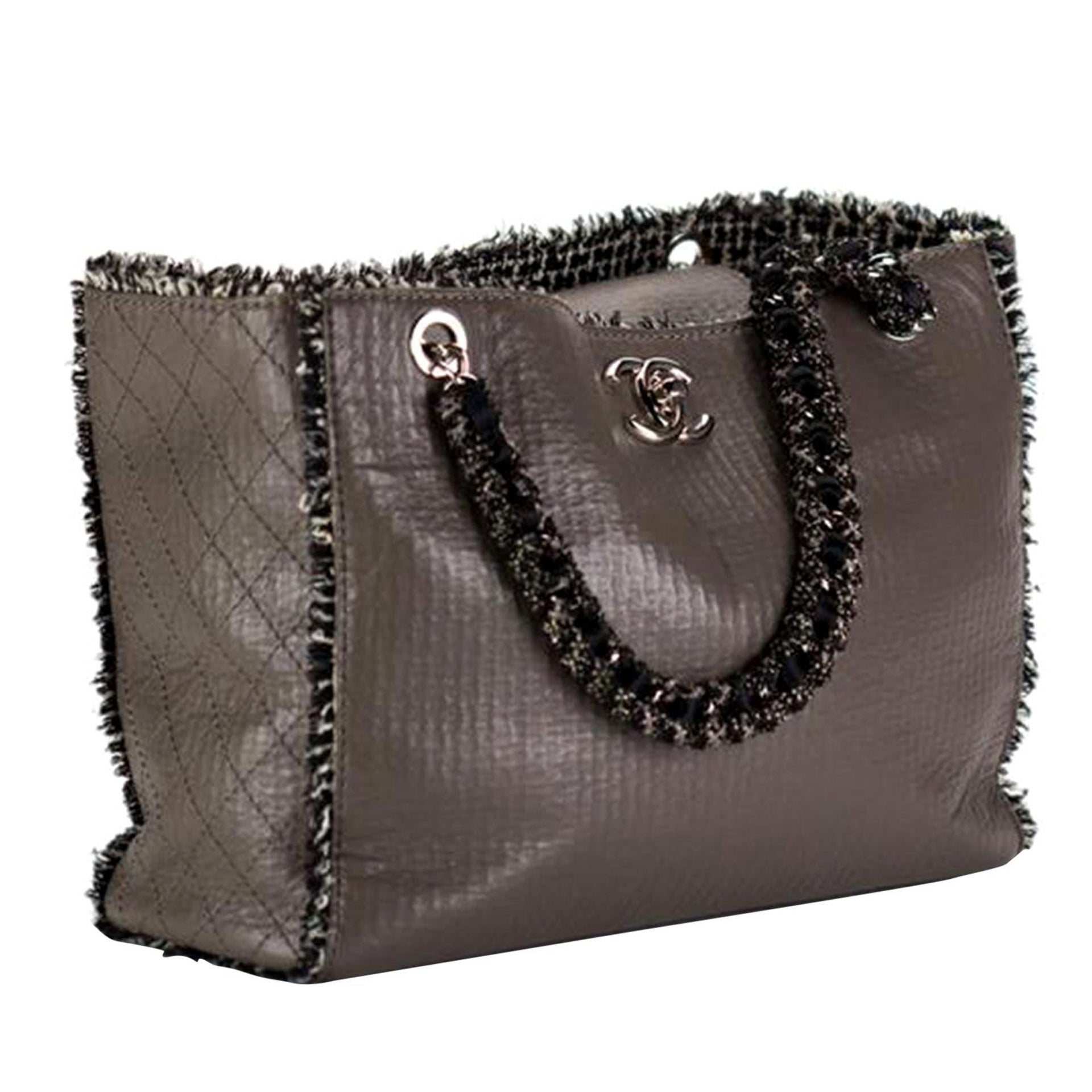 Chanel Beige Taupe Tweed Fringe Calfskin Tote For Sale 2
