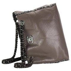 Chanel Beige Taupe Tweed Fringe Calfskin Tote