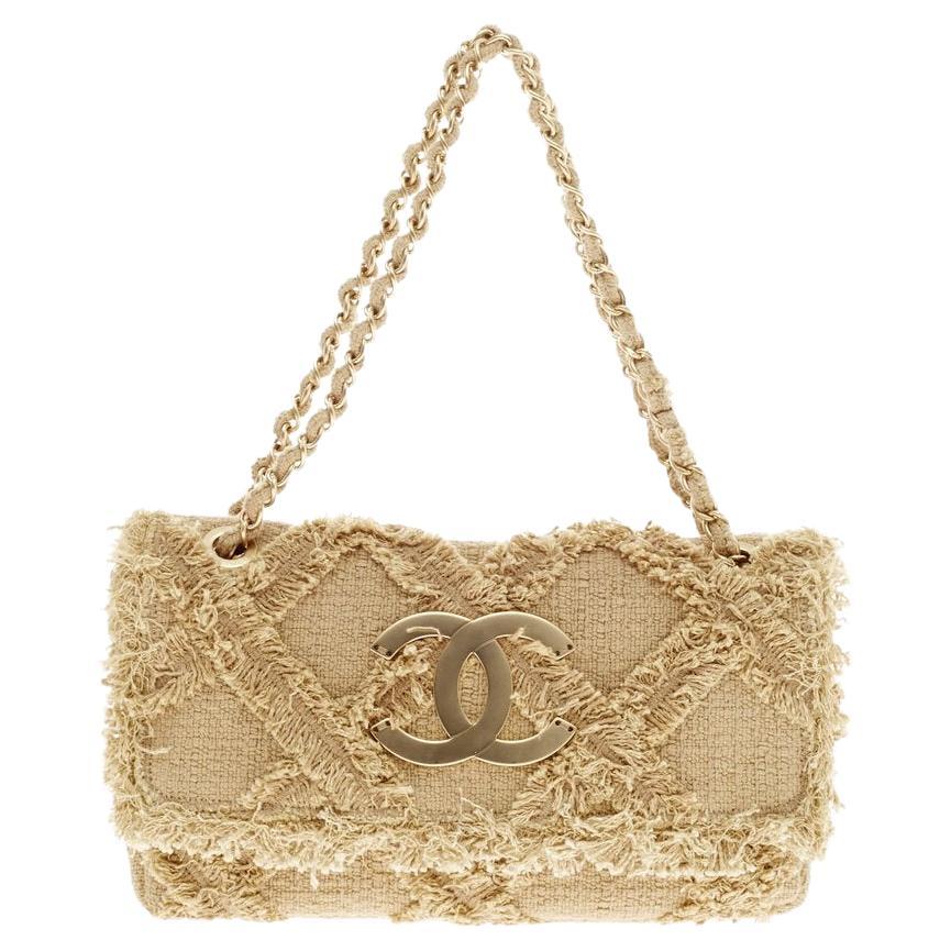 Chanel Beige Tweed Fringe Organic Crochet Nature Small Shoulder Bag