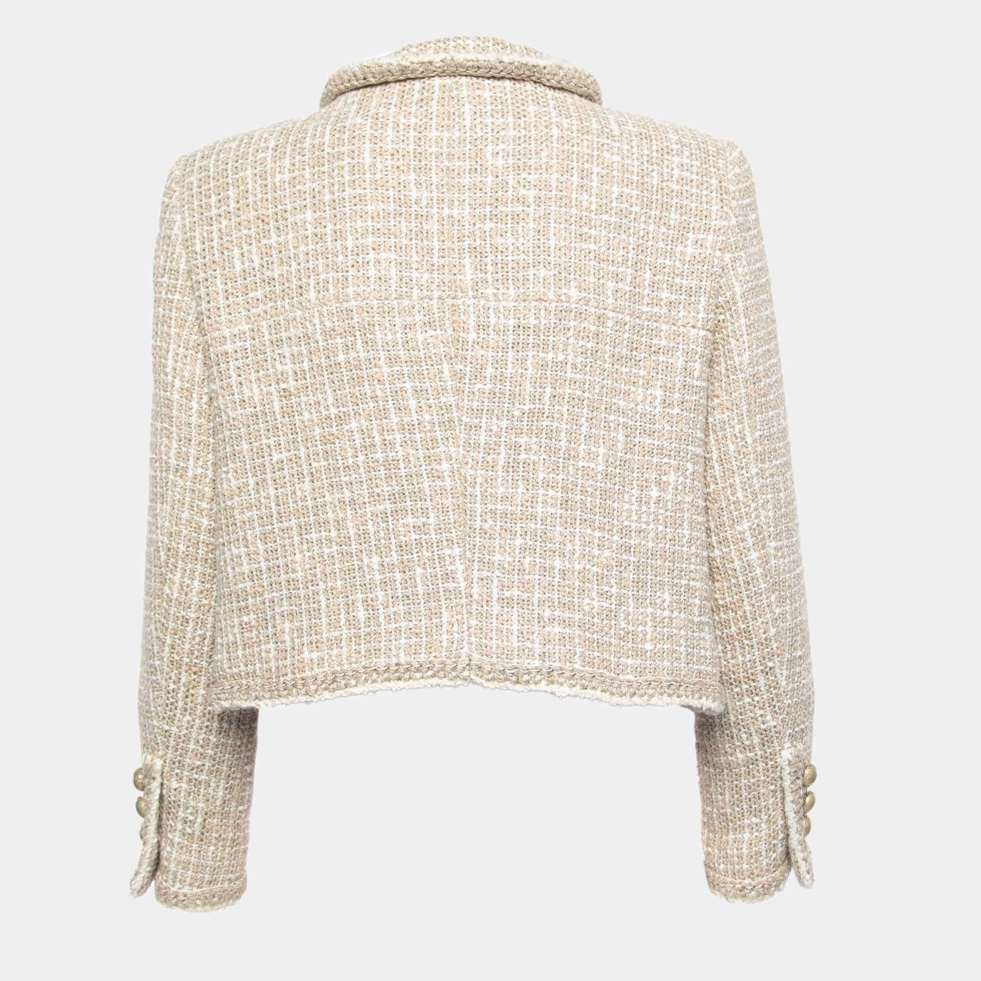 Chanel Beige Tweed Gold-Button Cropped Jacket XL In Excellent Condition In Dubai, Al Qouz 2