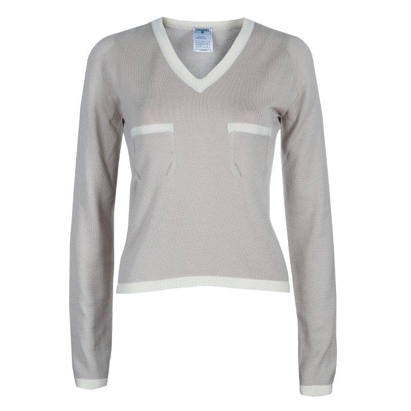 Chanel Beige V Neck Sweater M