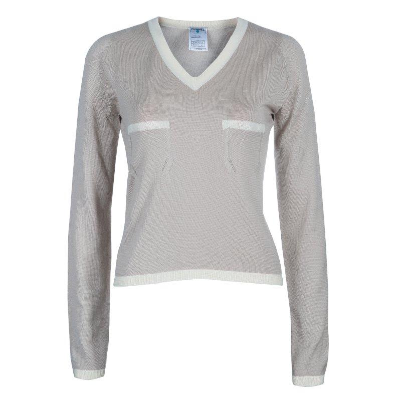 Chanel Beige V Neck Sweater M