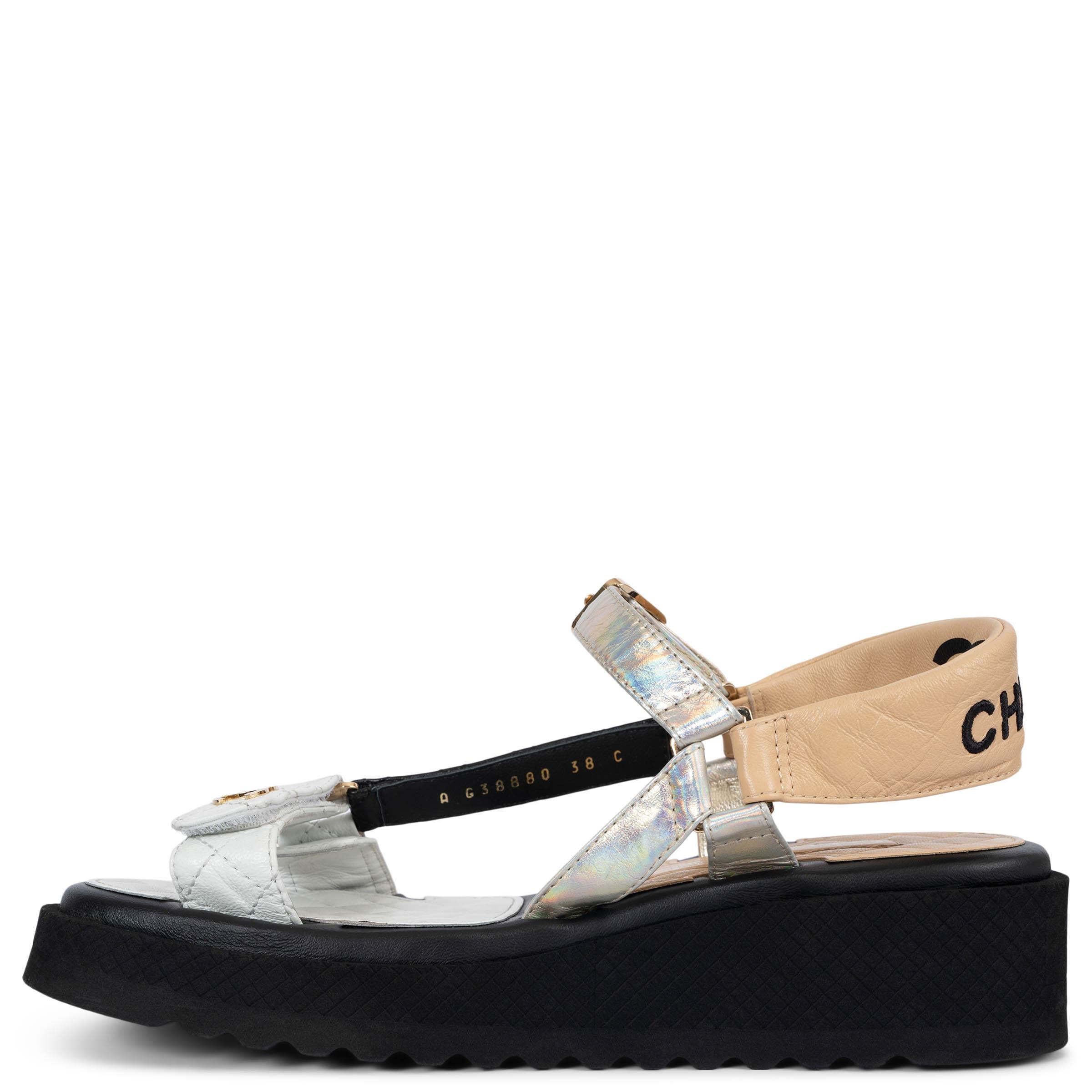 Black CHANEL beige white black metallic leather 2022 22P PLATFORM Sandals Shoes 38 For Sale
