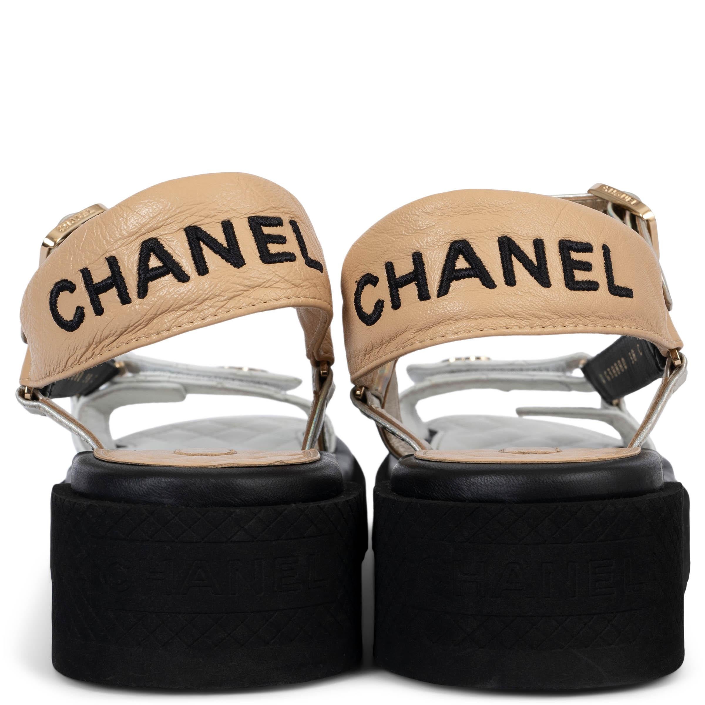 Women's CHANEL beige white black metallic leather 2022 22P PLATFORM Sandals Shoes 38 For Sale