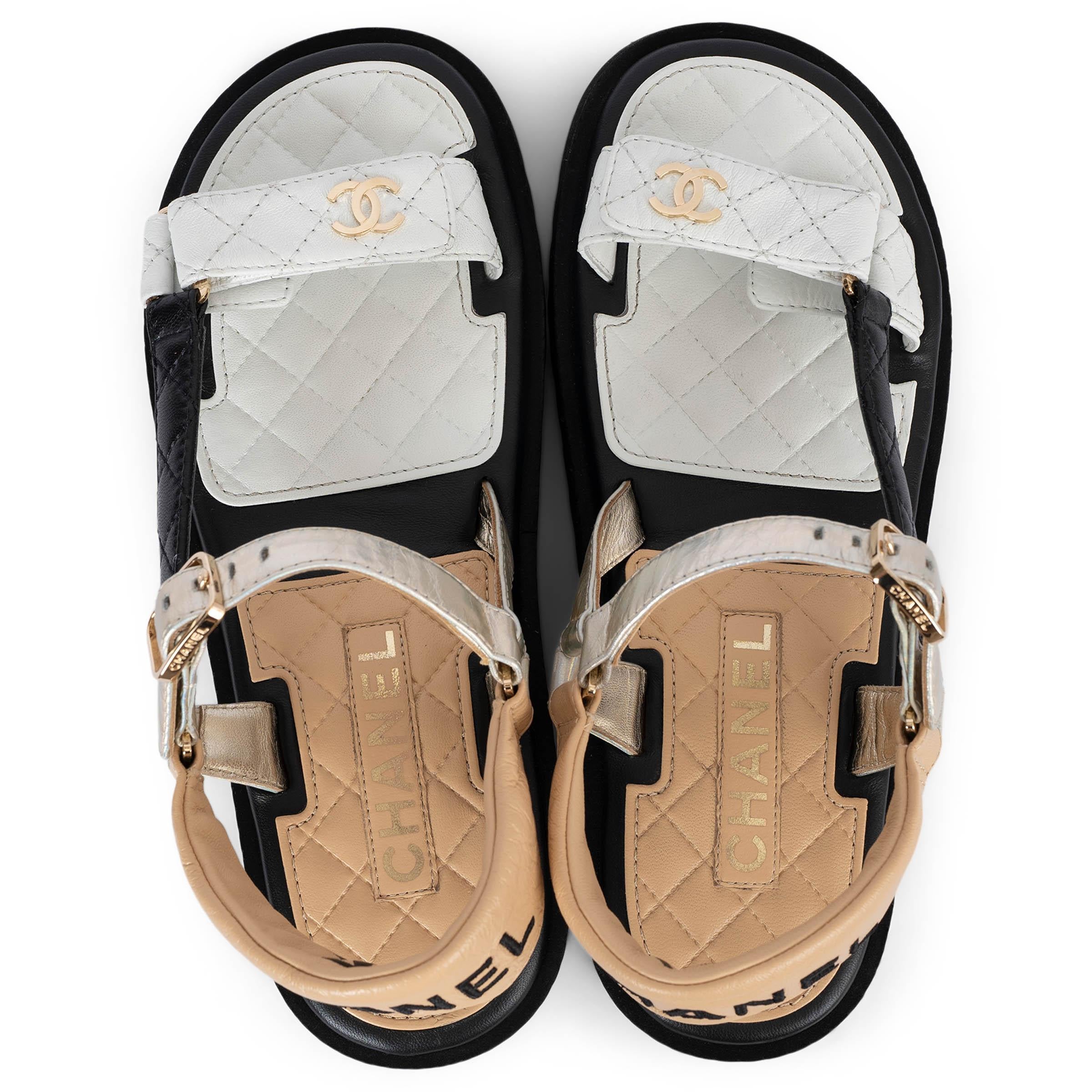 CHANEL beige white black metallic leather 2022 22P PLATFORM Sandals Shoes 38 For Sale 1