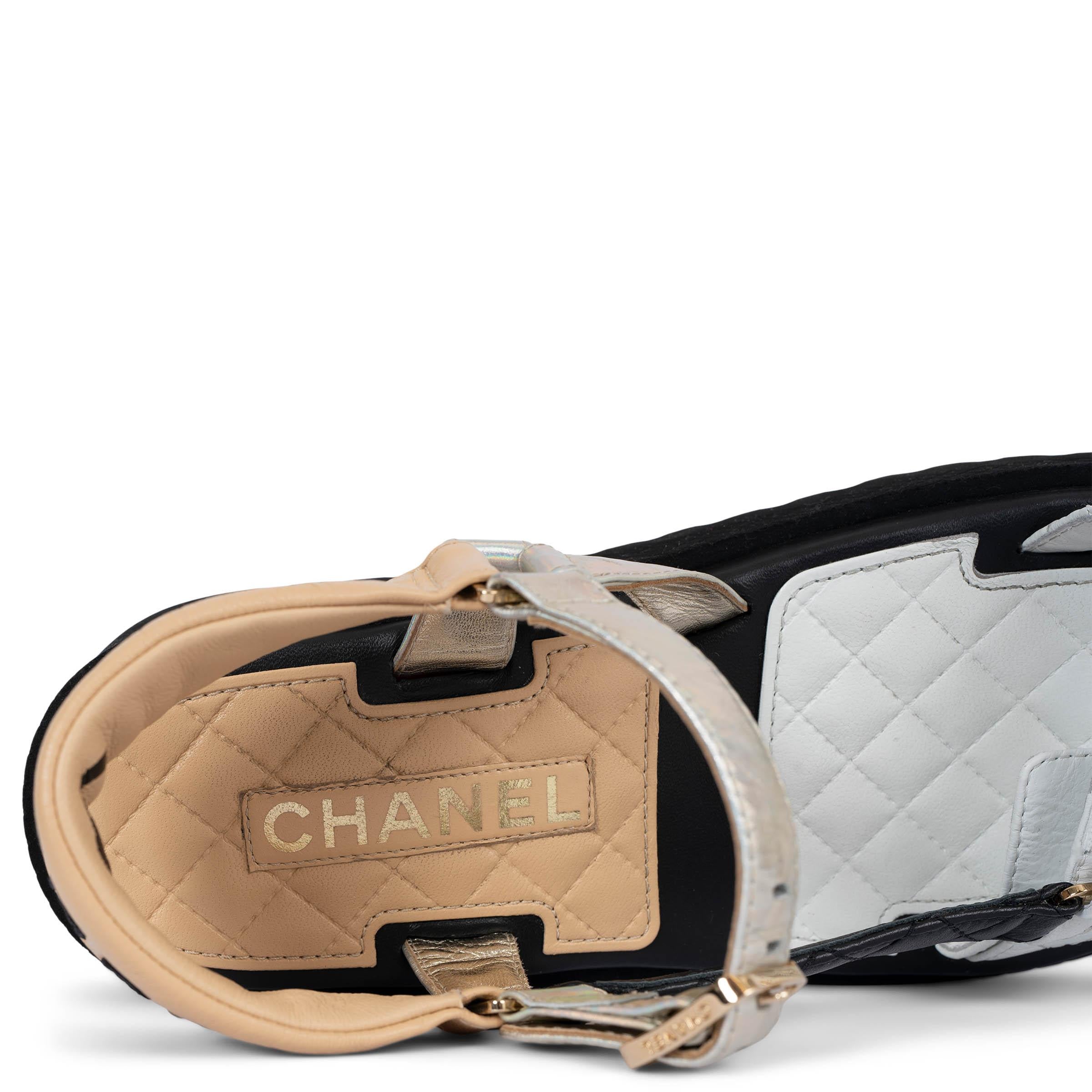 CHANEL beige white black metallic leather 2022 22P PLATFORM Sandals Shoes 38 For Sale 2