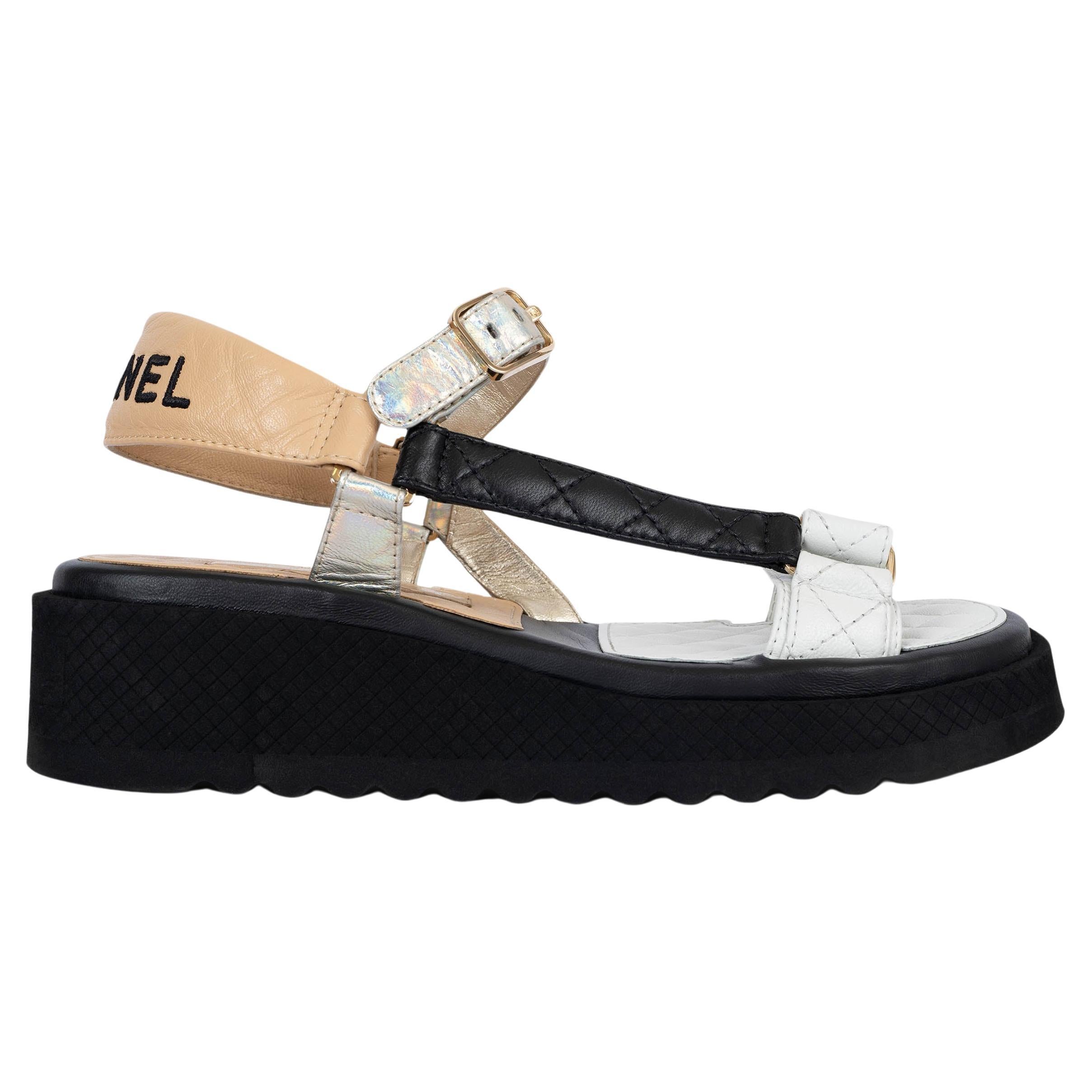 CHANEL beige white black metallic leather 2022 22P PLATFORM Sandals Shoes 38 For Sale