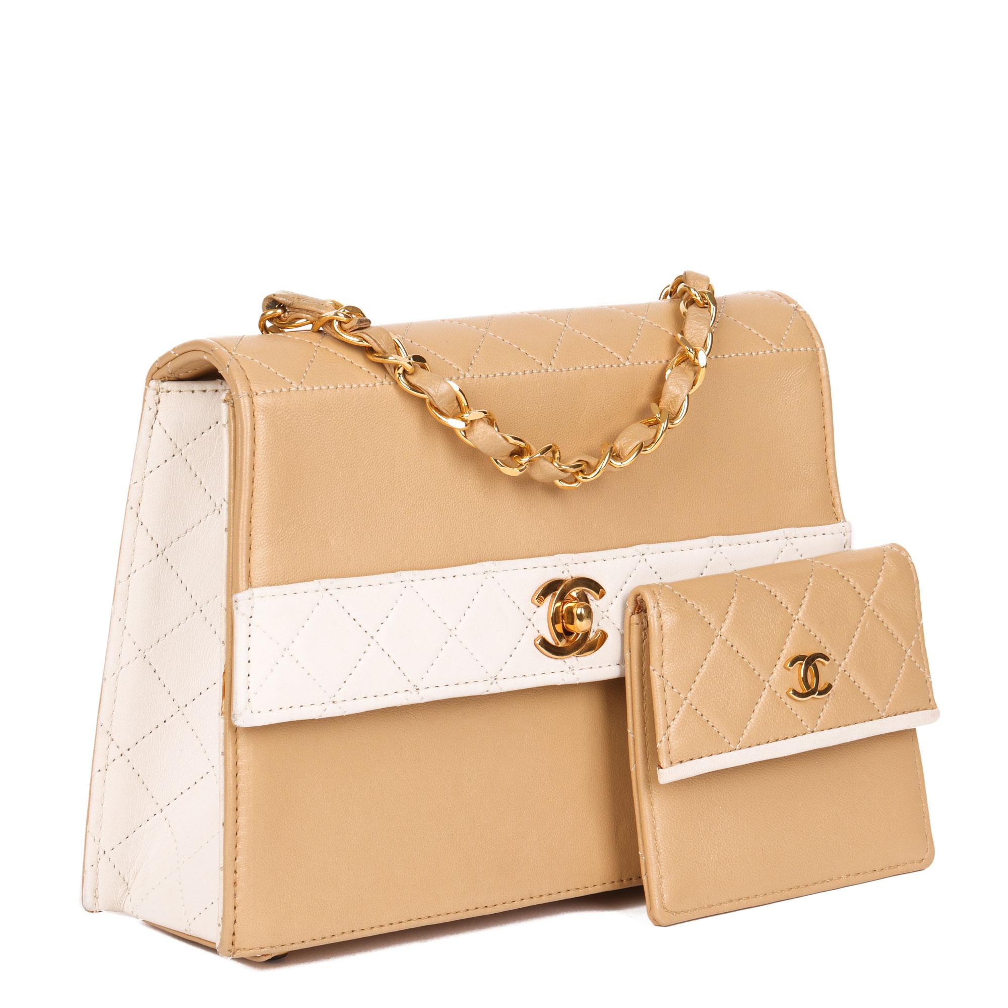 Women's Chanel Beige & White Quilted Lambskin Vintage Mini Trapeze Classic Flap Bag