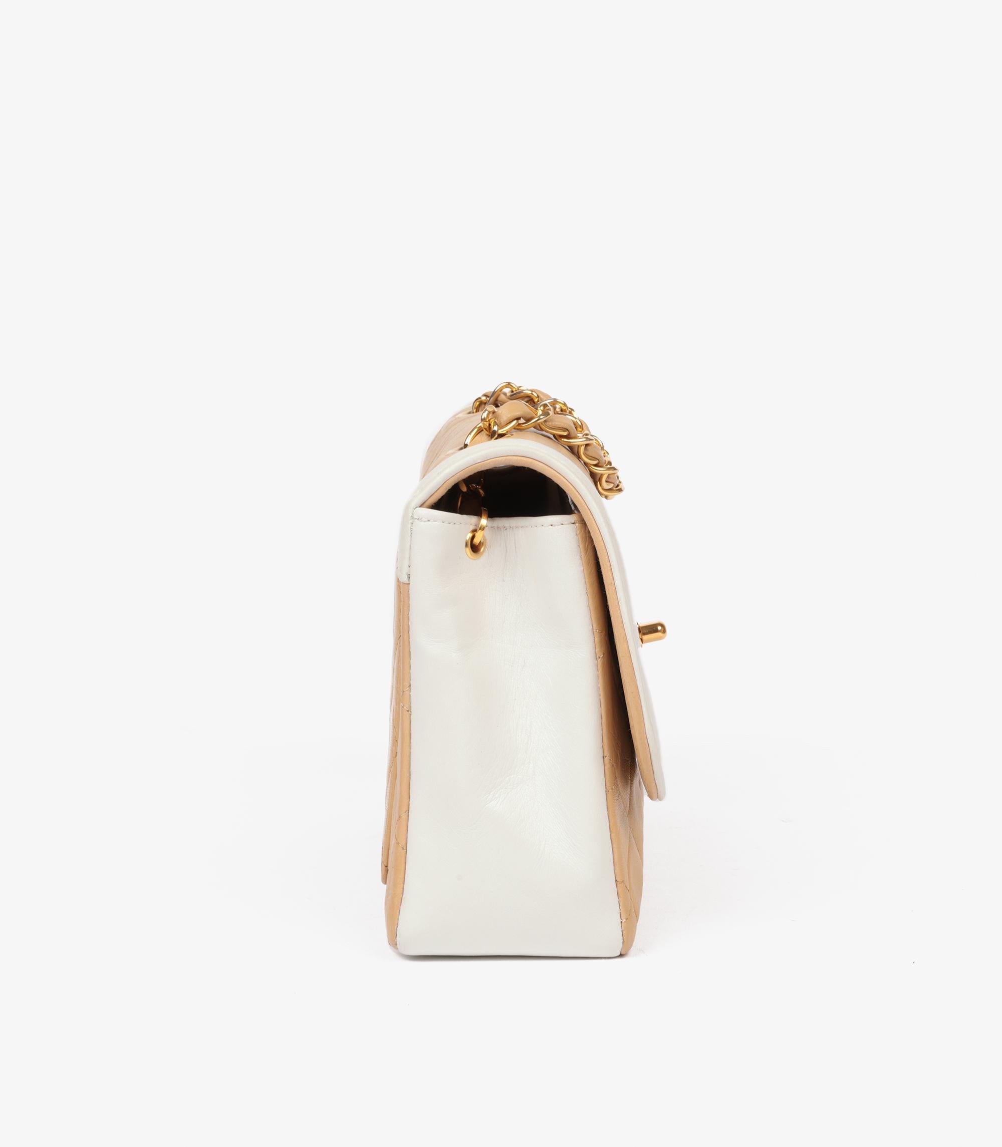 Chanel Beige & White Quilted Lambskin Vintage Small Classic Single Flap Bag In Excellent Condition In Bishop's Stortford, Hertfordshire