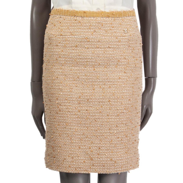 CHANEL beige and white wool linen SEQUIN EMBELLISHED TWEED Skirt