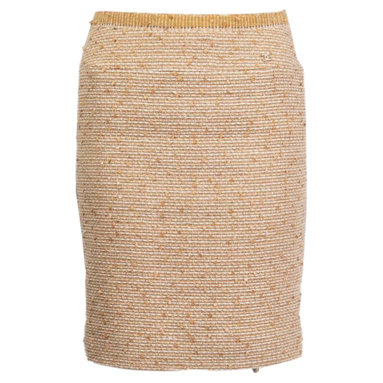 CHANEL beige & white wool linen SEQUIN EMBELLISHED TWEED Skirt 36 XS For Sale