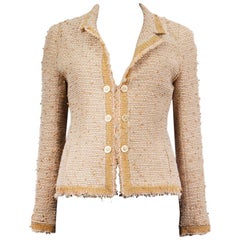 CHANEL beige wool linen SEQUIN EMBELLISHED Tweed Blazer Jacket 38 S