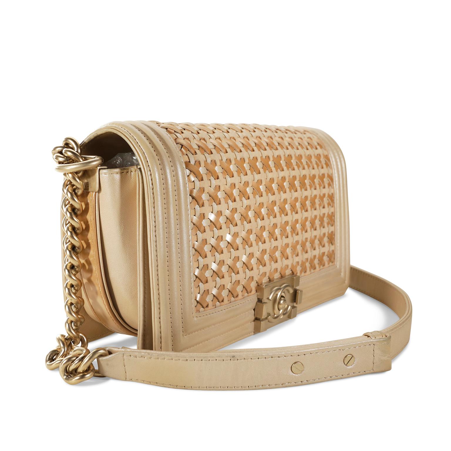 Chanel Beige Leather Woven Boy Bag- Pristine, unworn condition
Perfectly scaled for night or day in the medium silhouette, this special Boy Bag is both edgy and classic.
Neutral beige leather is woven in a basket stitch with signature Boy Bag welted