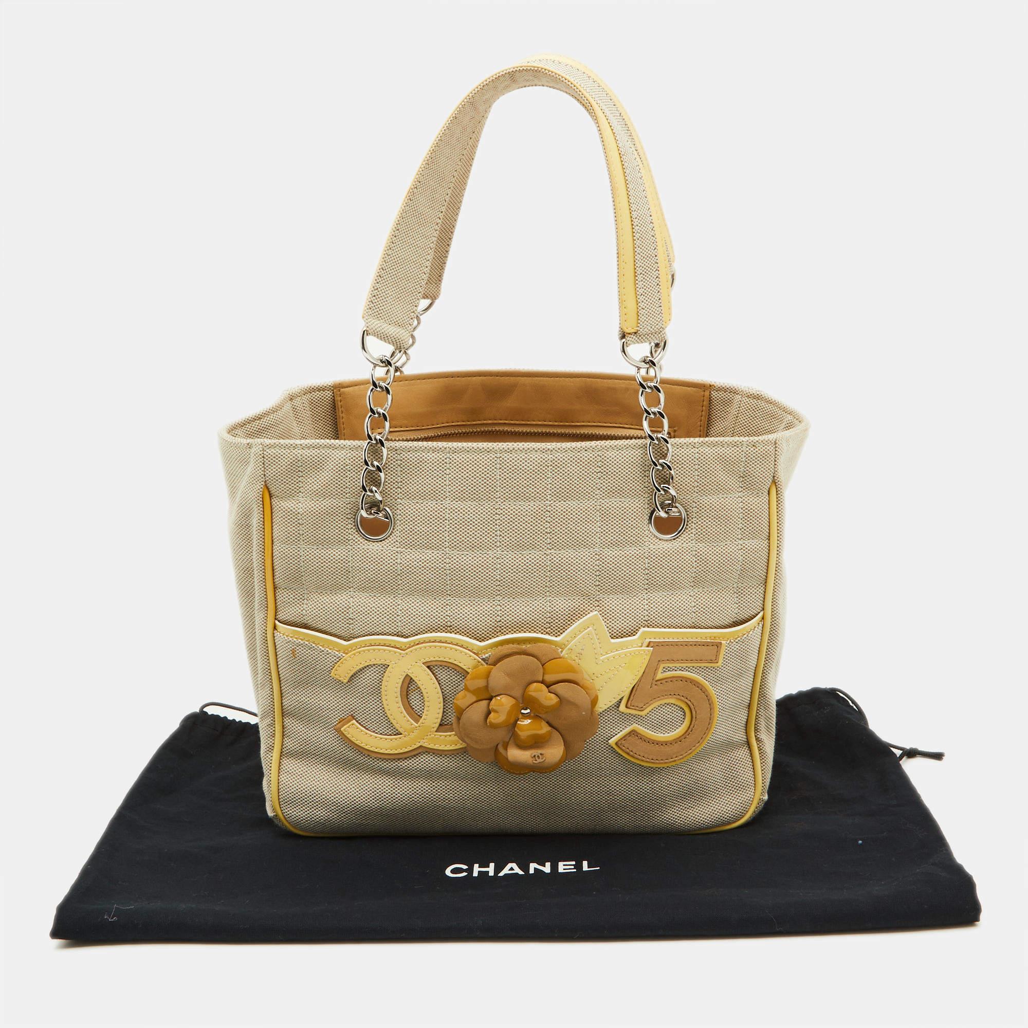 Chanel Beige/Yellow Canvas and Patent Leather Camellia No.5 Tote 10