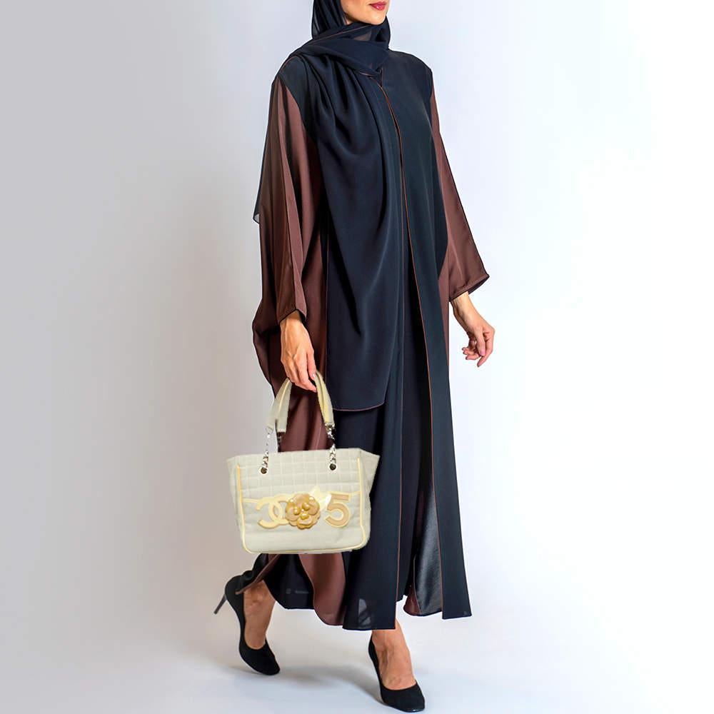 Chanel Beige/Yellow Canvas and Patent Leather Camellia No.5 Tote In Good Condition In Dubai, Al Qouz 2