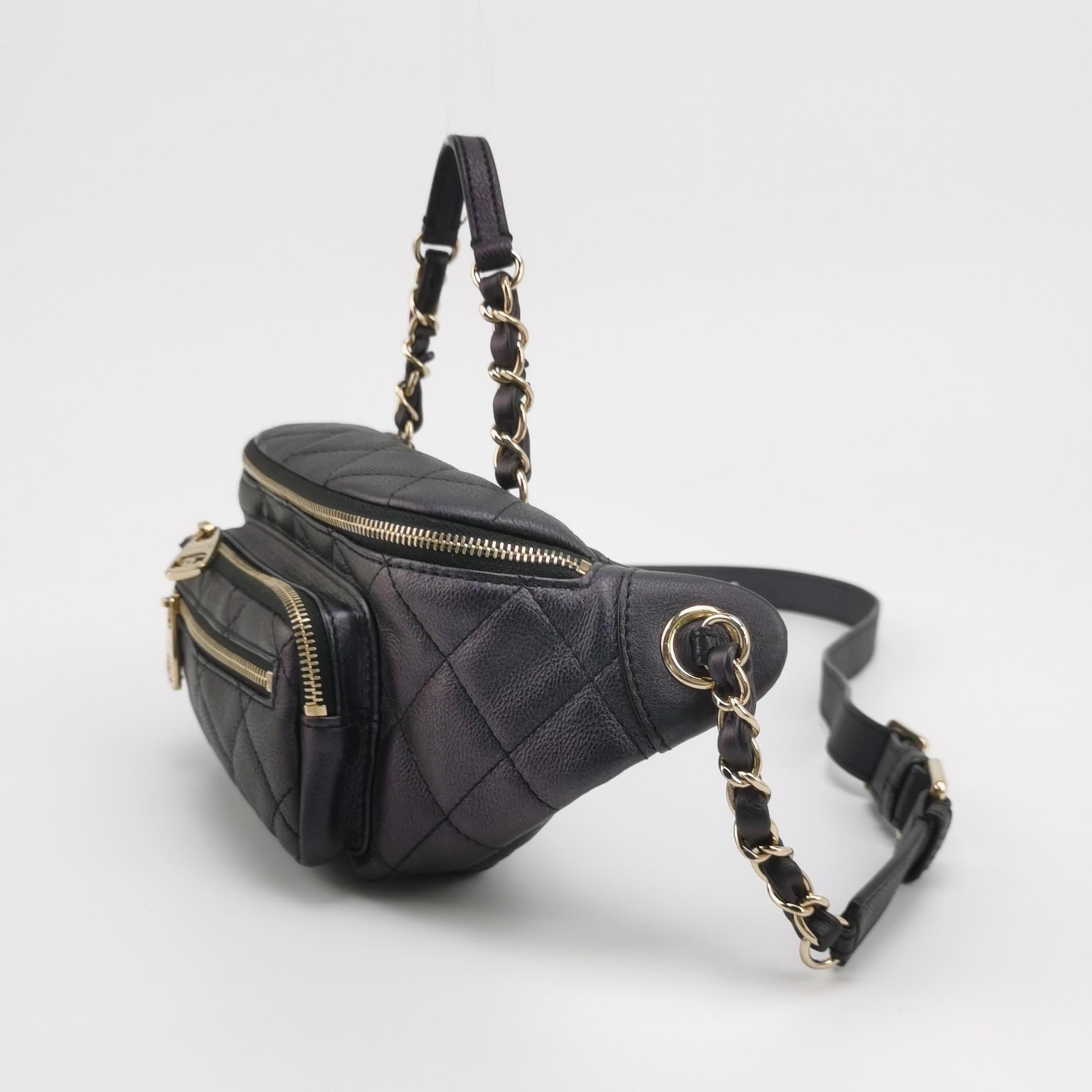Black Chanel Belt Bag Navy Shiny Calfskin Skin Leather Gold-tone Hardware For Sale