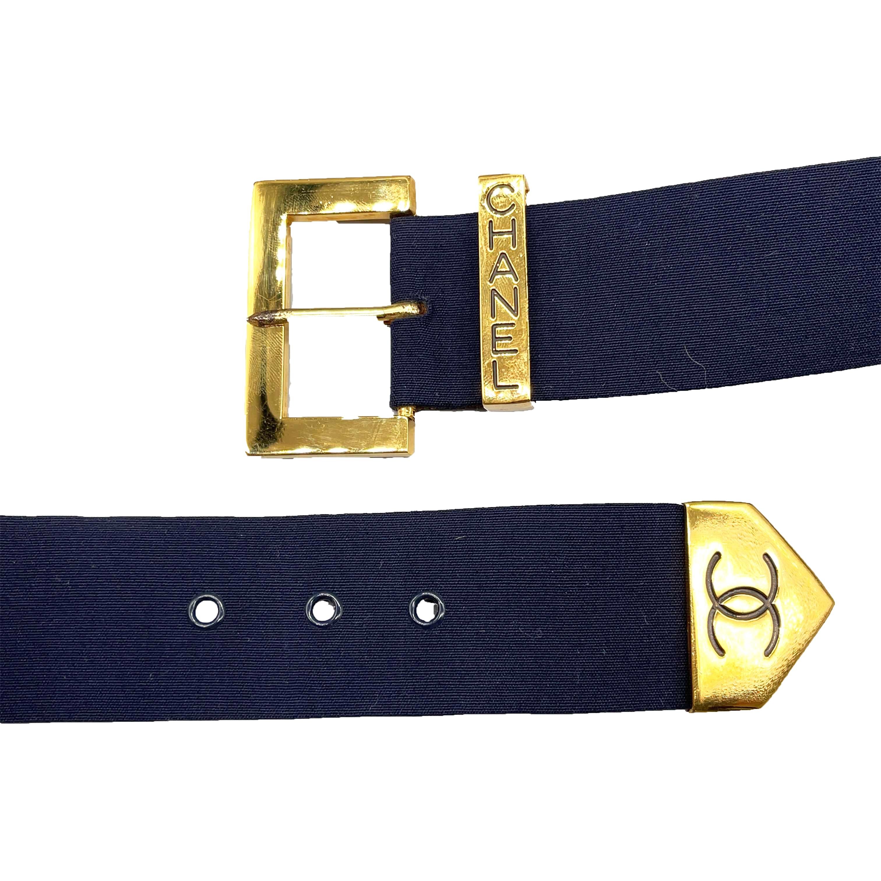 Black CHANEL Belt CC 1999 Spring 99P Fabric CC Logo Navy Blue Gold Logo One Size