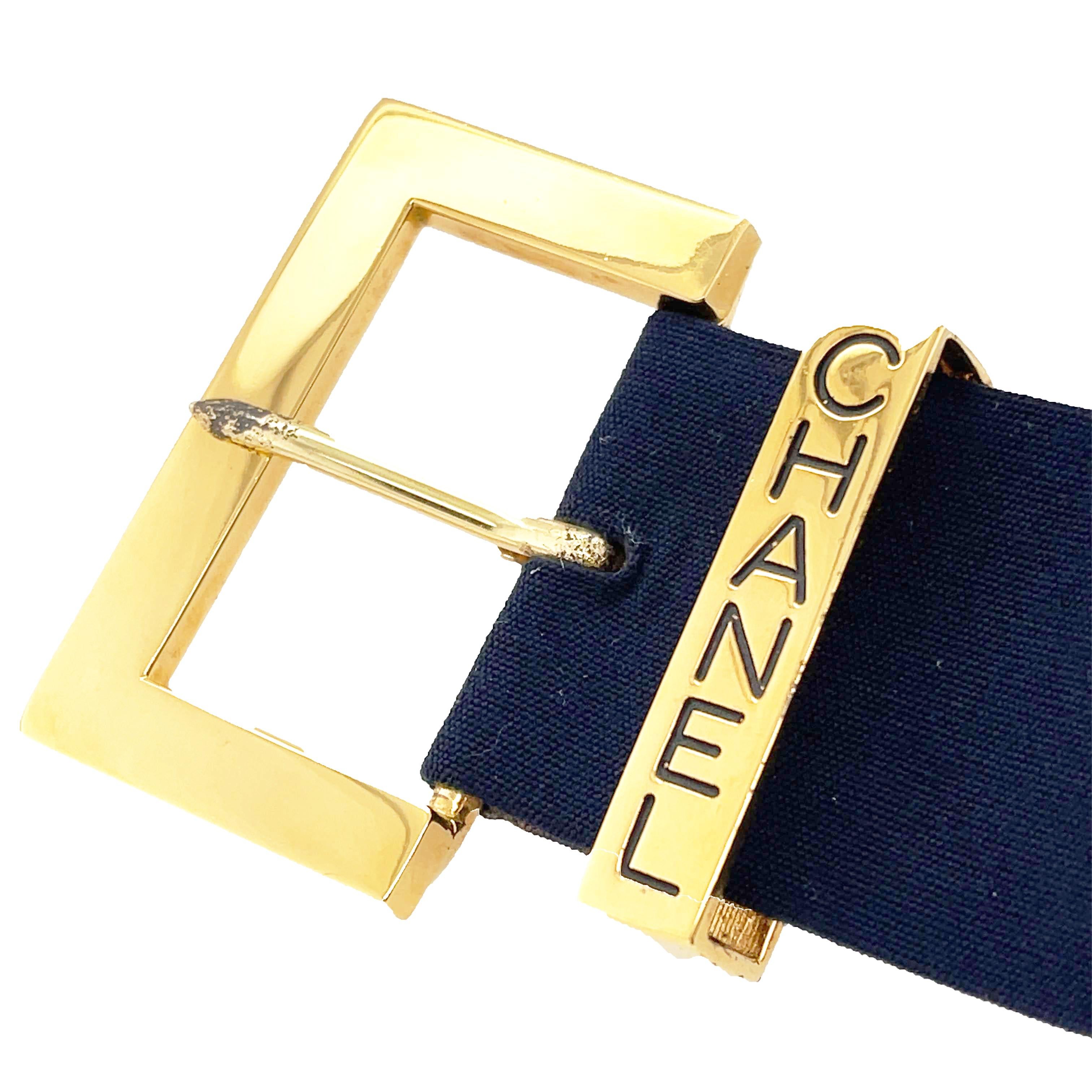 CHANEL Belt CC 1999 Spring 99P Fabric CC Logo Navy Blue Gold Logo One Size In Good Condition In Sanford, FL