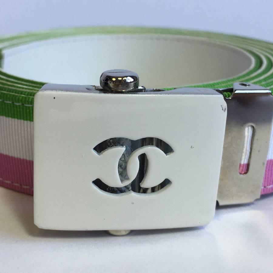 Gray CHANEL Belt in Green, White and Pink Canvas and Inside White Leather Unique Size