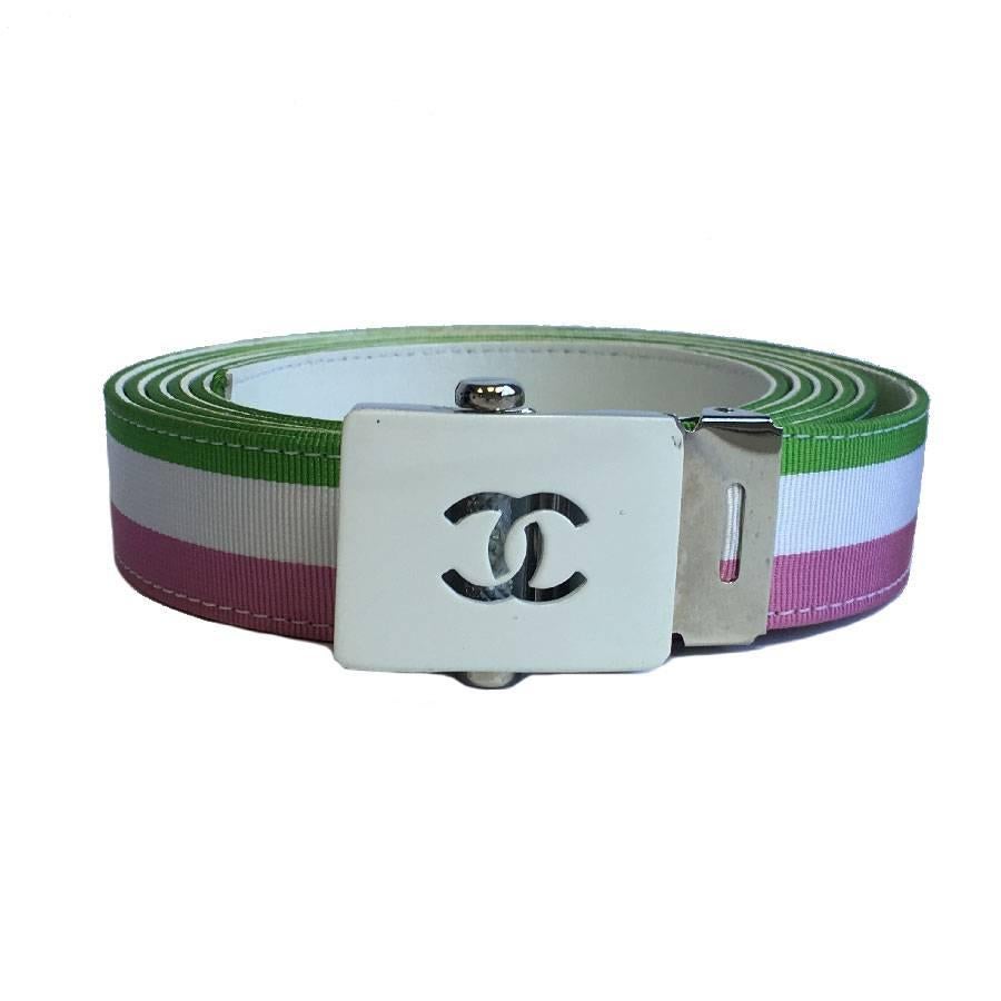 CHANEL Belt in Green, White and Pink Canvas and Inside White Leather Unique Size