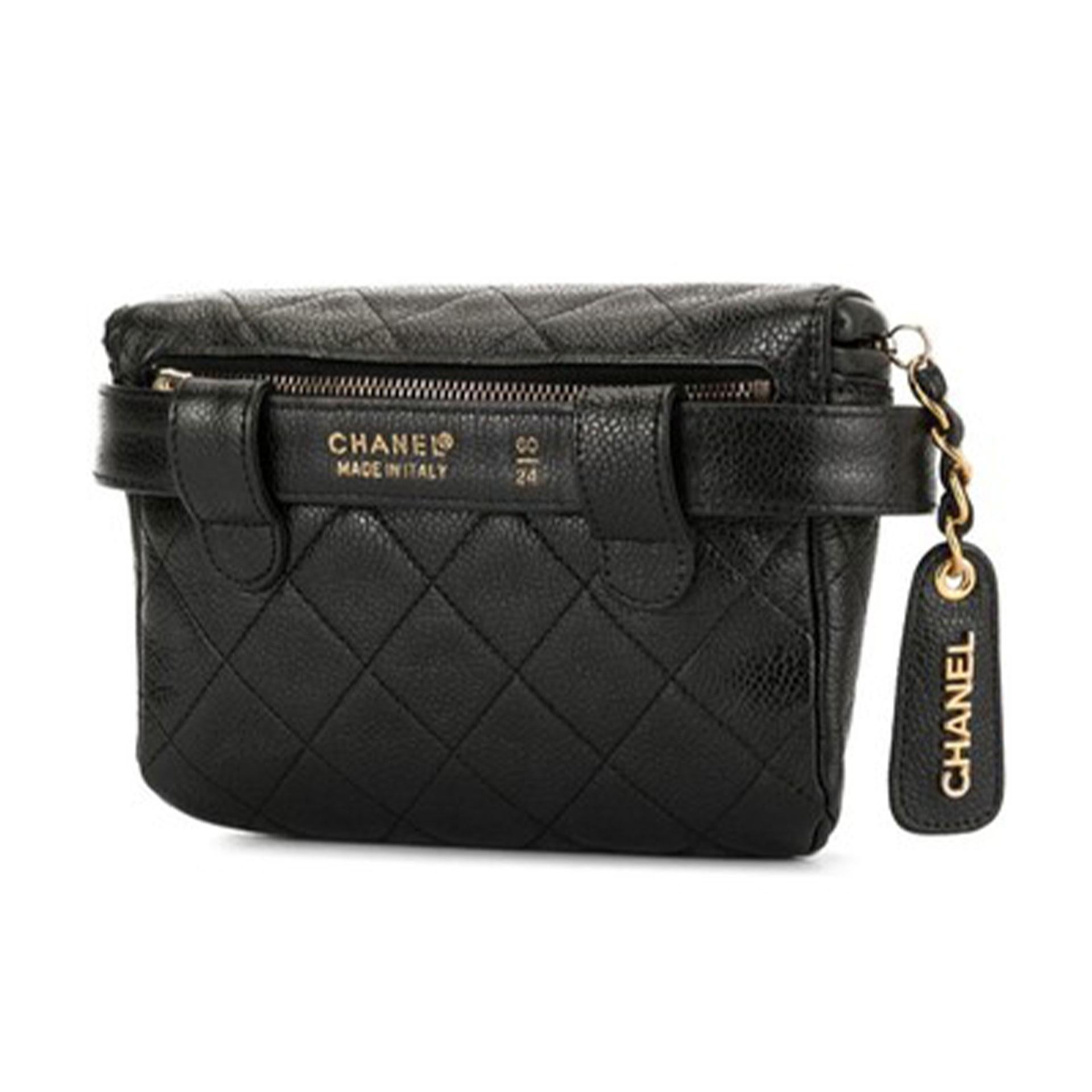 Women's or Men's Chanel Belt Rare Vintage 1995 Caviar Fanny Pack Waist Bum Black Leather Bag For Sale