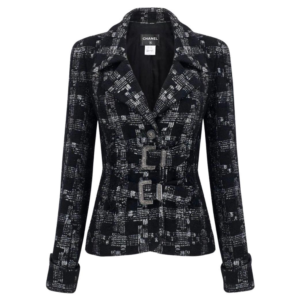 Chanel New CC Buttons Black Belted Tweed Jacket For Sale