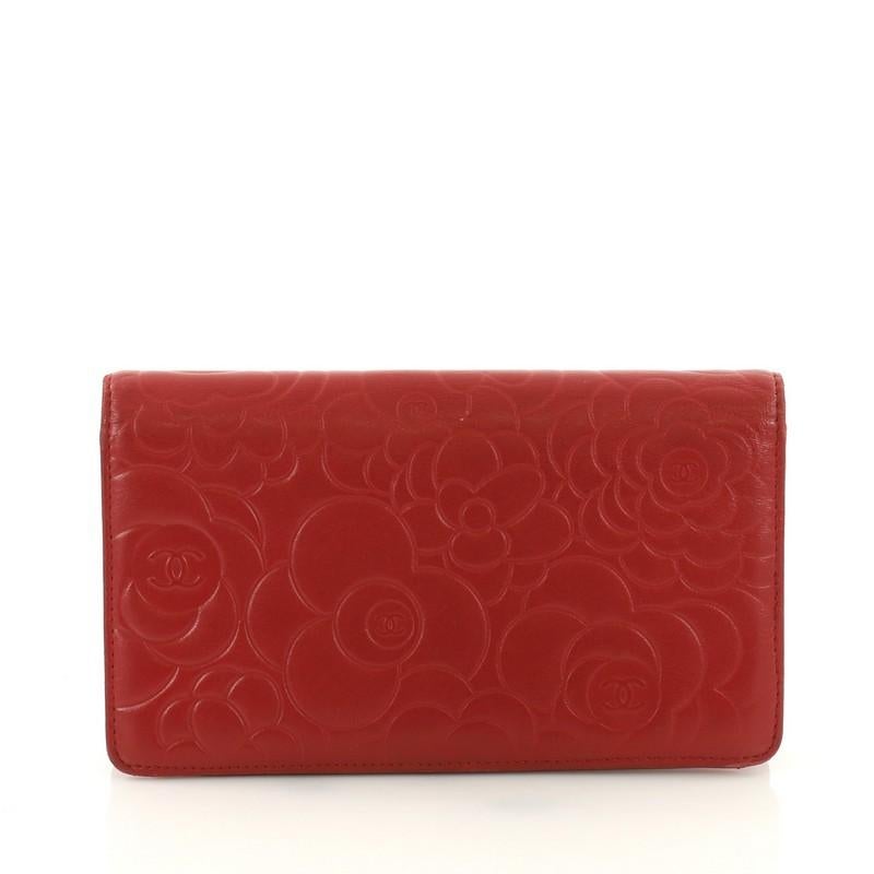 Red Chanel Bi-Fold Wallet Camellia Lambskin Long
