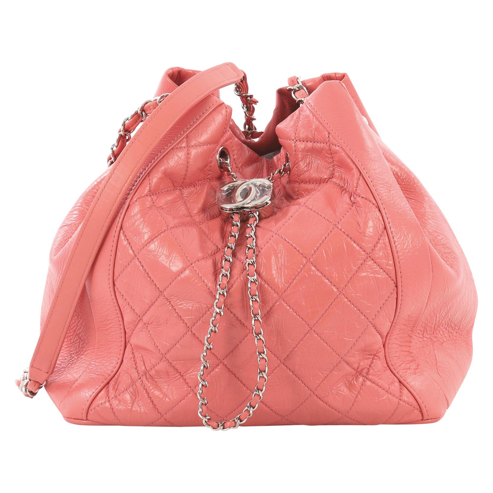Chanel Bi Vintage Drawstring Bucket Bag Quilted Crumpled Calfskin Medium