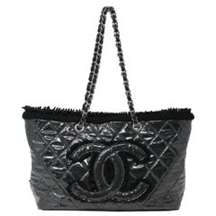 Chanel Biarritz Black Shearling Patent Leather Shopper Tote Handbag