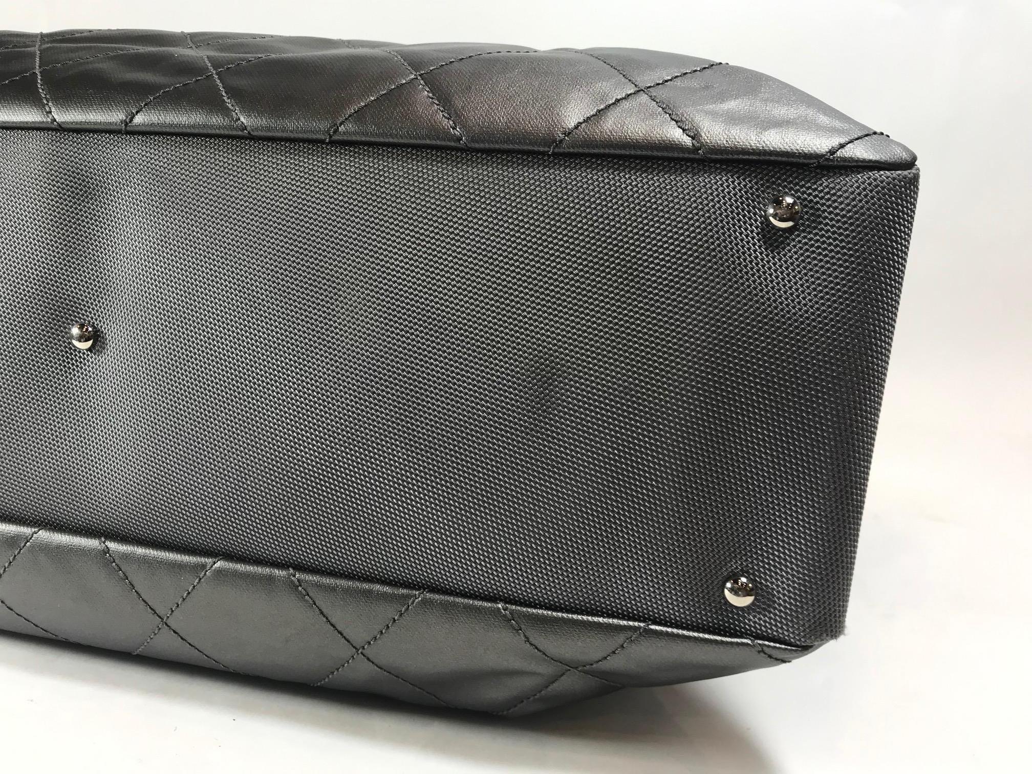 Chanel Biarritz Paris Xl Metallic Silver Diamond Stitched Coated Canvas Tote For Sale 1
