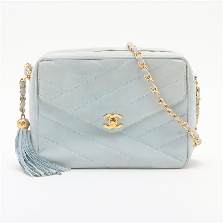 Chanel Bias Stitch Suede Chain Shoulder Bag Tiffany Blue For Sale at 1stDibs