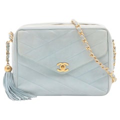 Chanel Bias Stitch Suede Chain Shoulder Bag Tiffany Blue