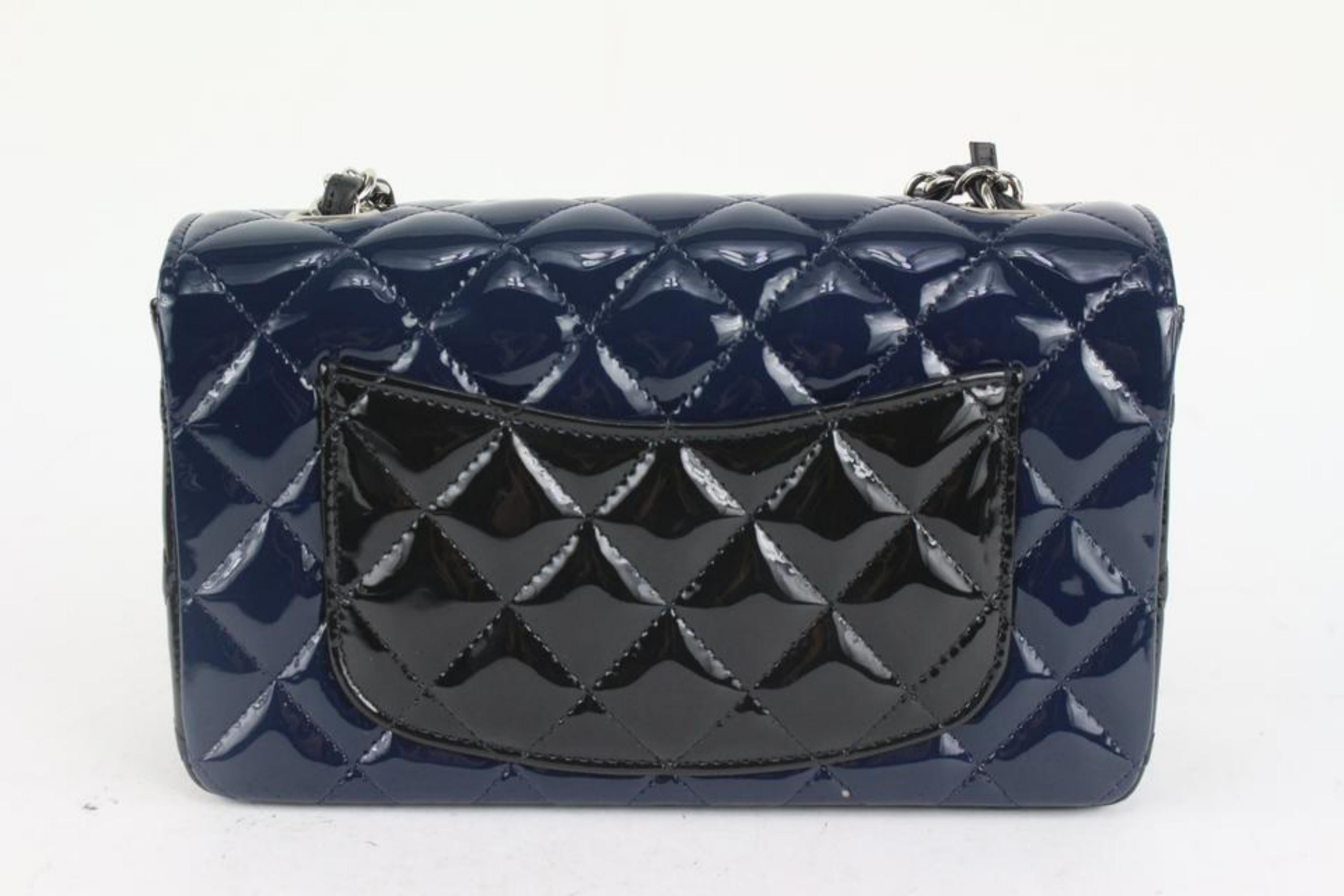 Chanel Bicolor Black x Navy Quilted Patent Mini Classic Flap Silver 1111c25 In New Condition In Dix hills, NY