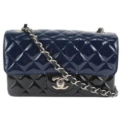 Chanel Bicolor Black x Navy Quilted Patent Mini Classic Flap Silver 1111c25