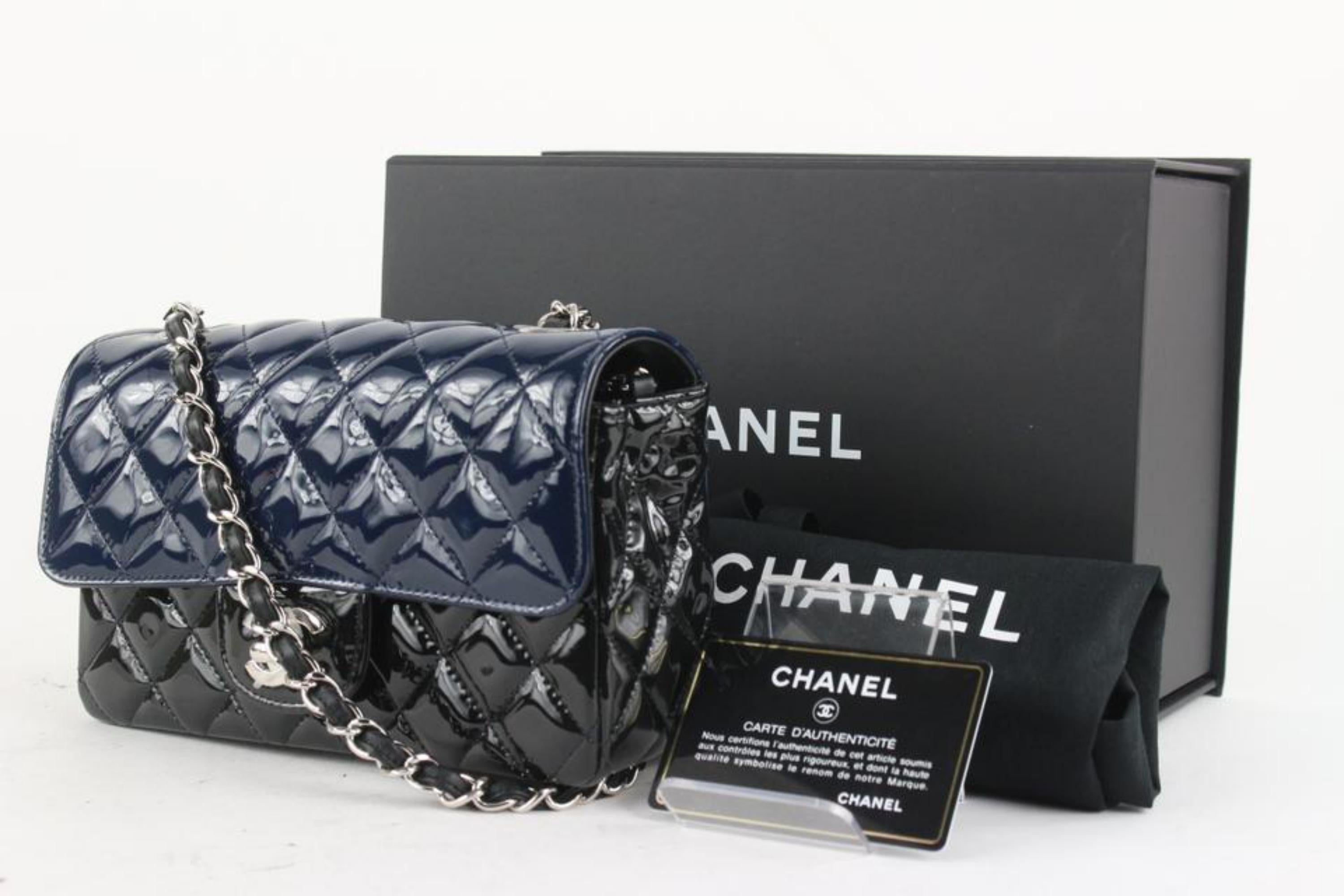 Chanel Bicolor Black x Navy Quilted Patent Mini Classic Flap Silver 2cc1110
Date Code/Serial Number: 29480328
Made In: Italy
Measurements: Length: 8 