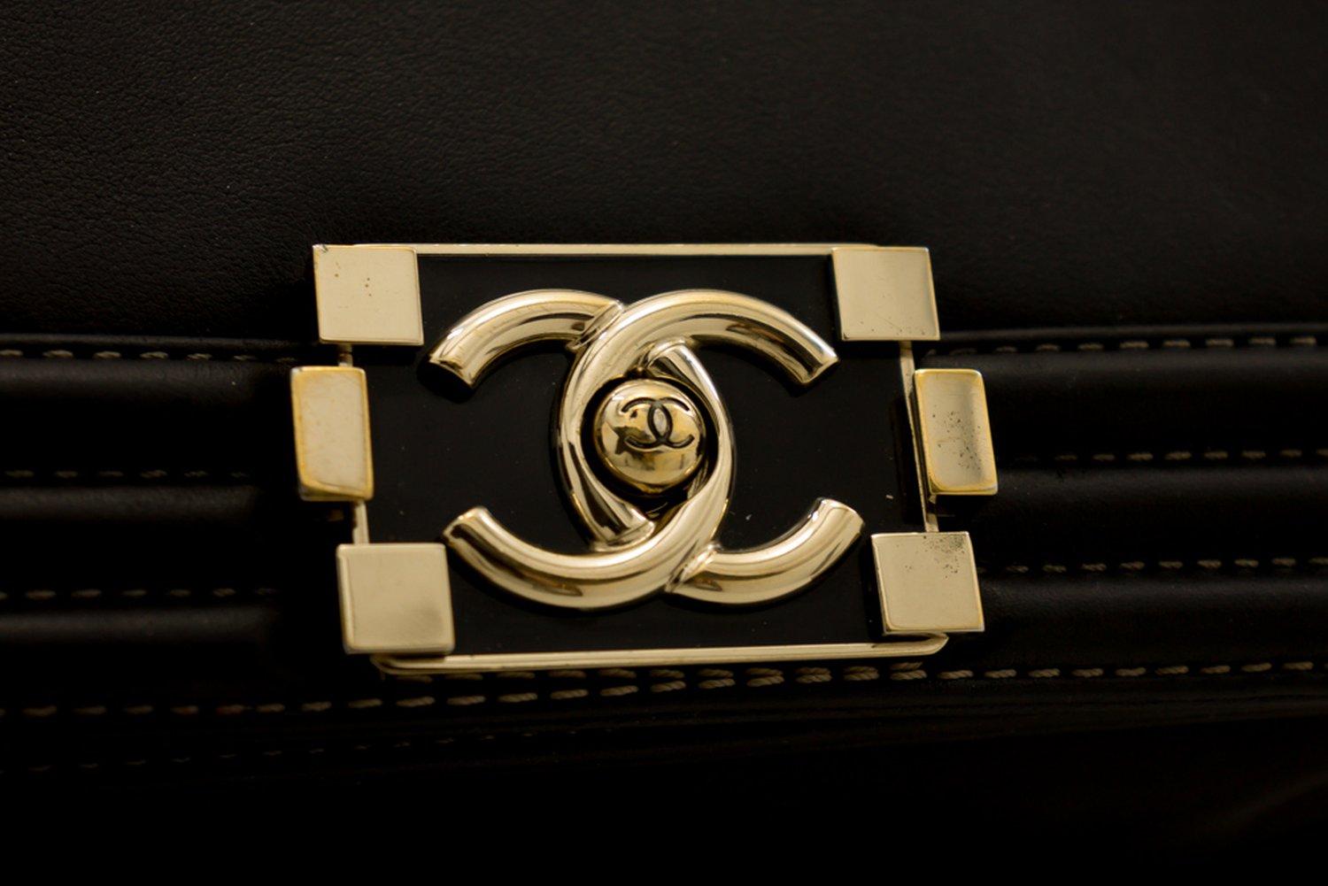 CHANEL Bicolor Medium Boy Chain Flap Shoulder Bag Black Gold 5