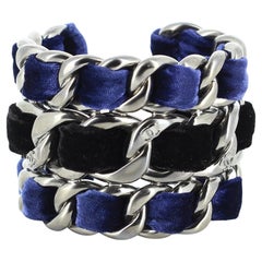 Chanel Bicolor Velvet and Silver Tone Bracelet