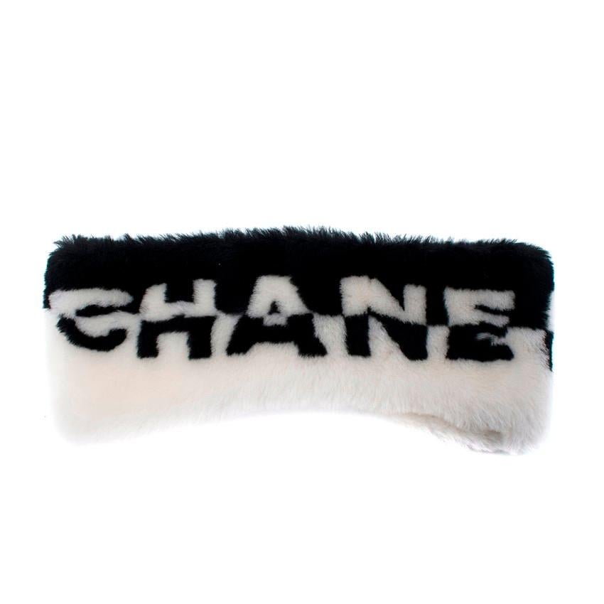 Chanel Bicolour Logo Shearling Winter Headband In Excellent Condition For Sale In London, GB