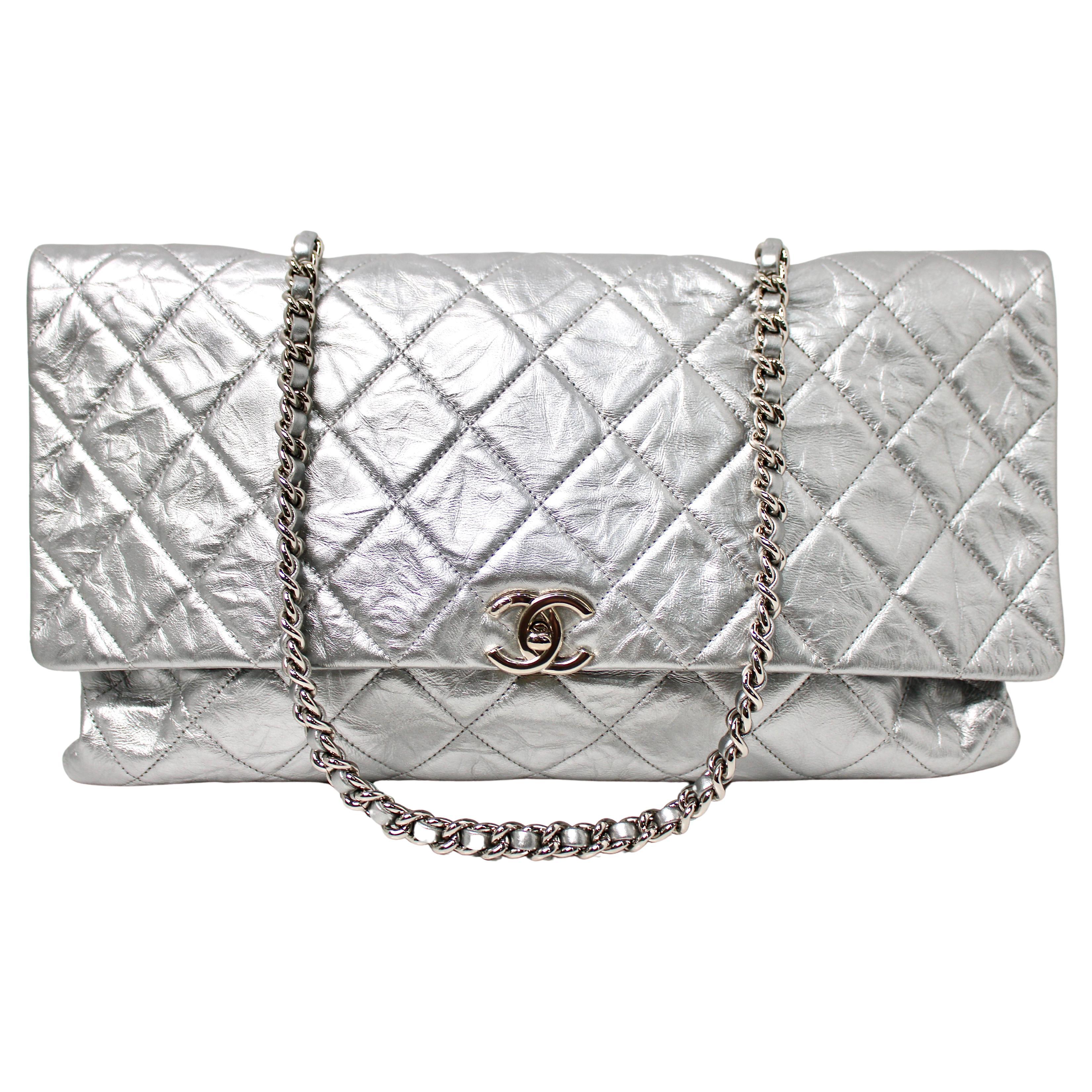 Chanel Big Bang Silver Metallic Crumpled Calfskin Flap Bag circa 2017