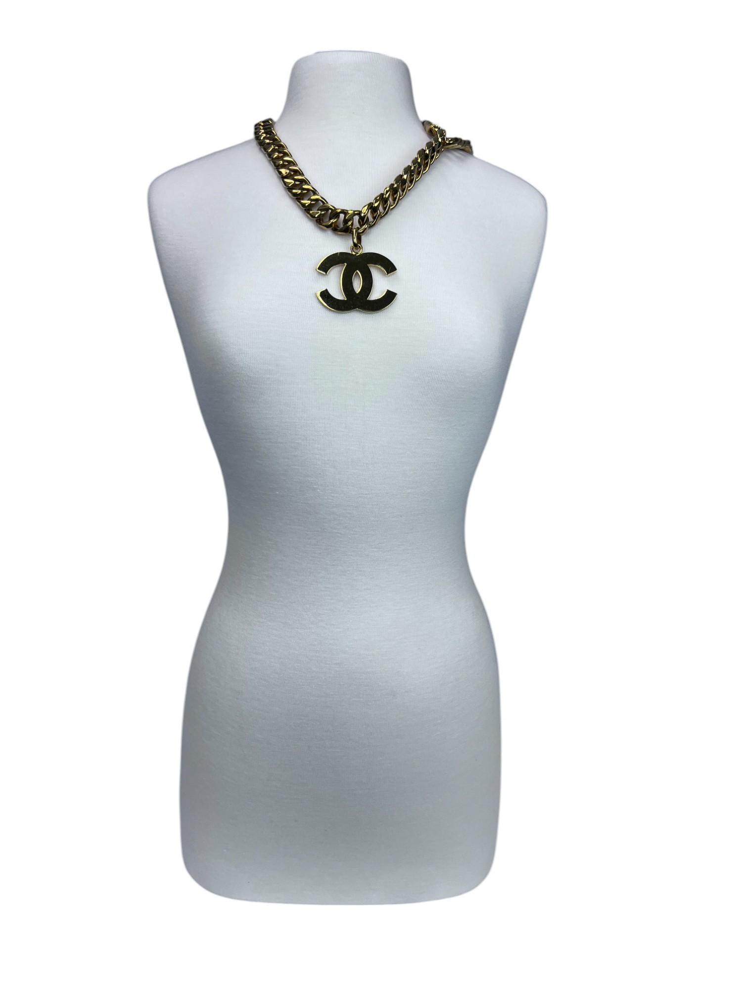 A bold and iconic statement piece from the golden era of Chanel, this oversized logo necklace/belt embodies the house’s signature blend of glamour and edge. Crafted in gleaming gold-tone metal, the design features an exaggerated interlocking CC