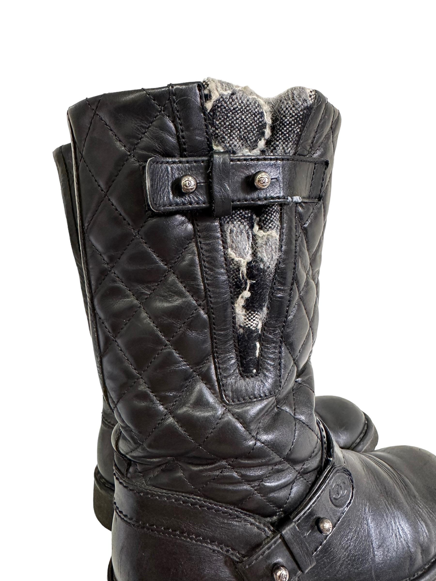 Chanel Biker Boots Black Leather Tweed For Sale 4