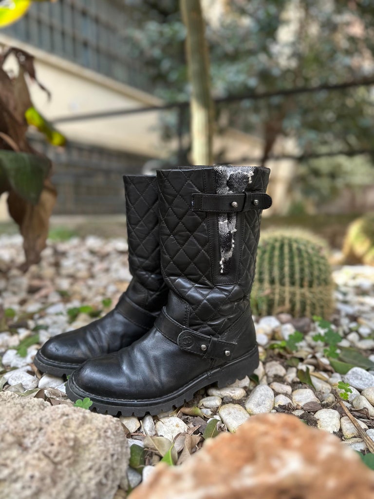 Chanel Biker Boots Black Leather Tweed For Sale at 1stDibs