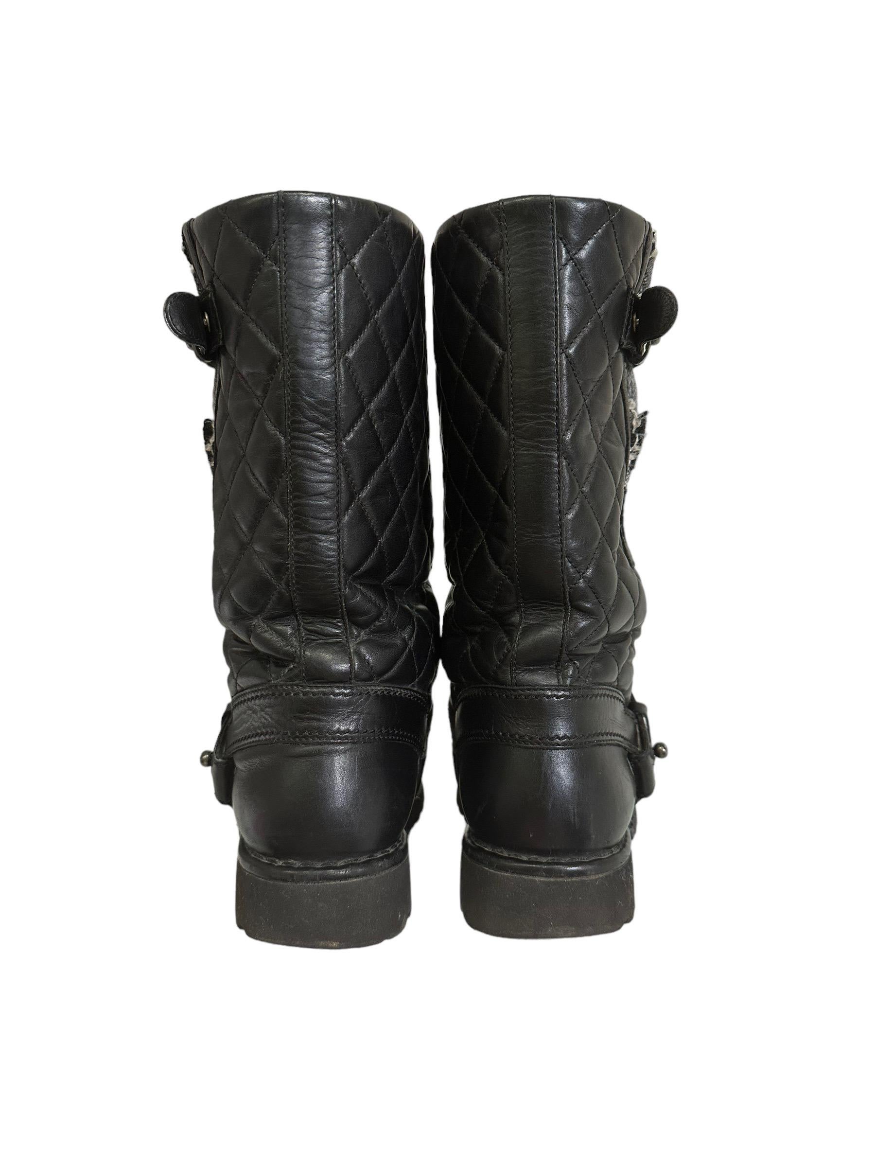 Chanel Biker Boots Black Leather Tweed For Sale 2